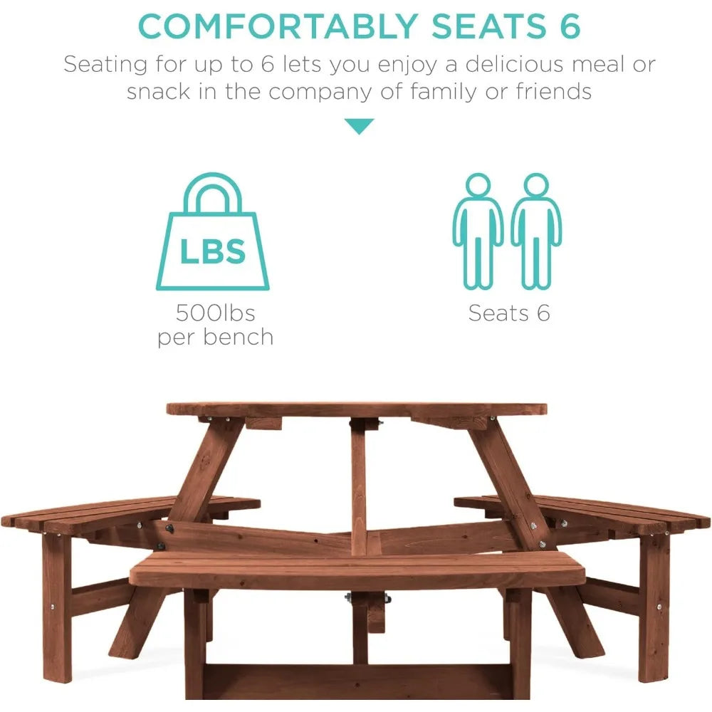 6-Person Circular Outdoor Wooden Picnic Table for Patio
