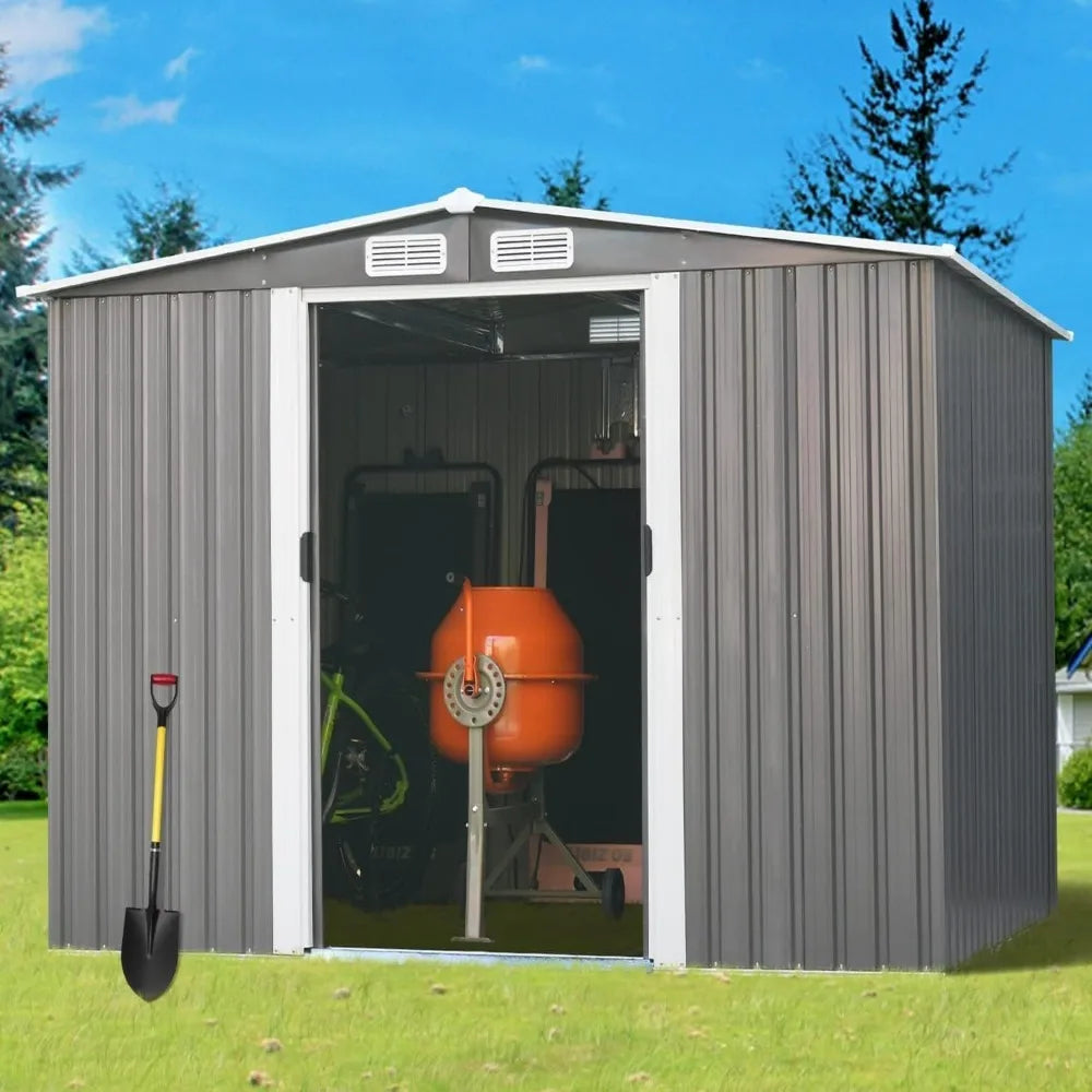 8 X 6FT Outdoor Storage Shed Patio Grey Metal Shed Waterproof