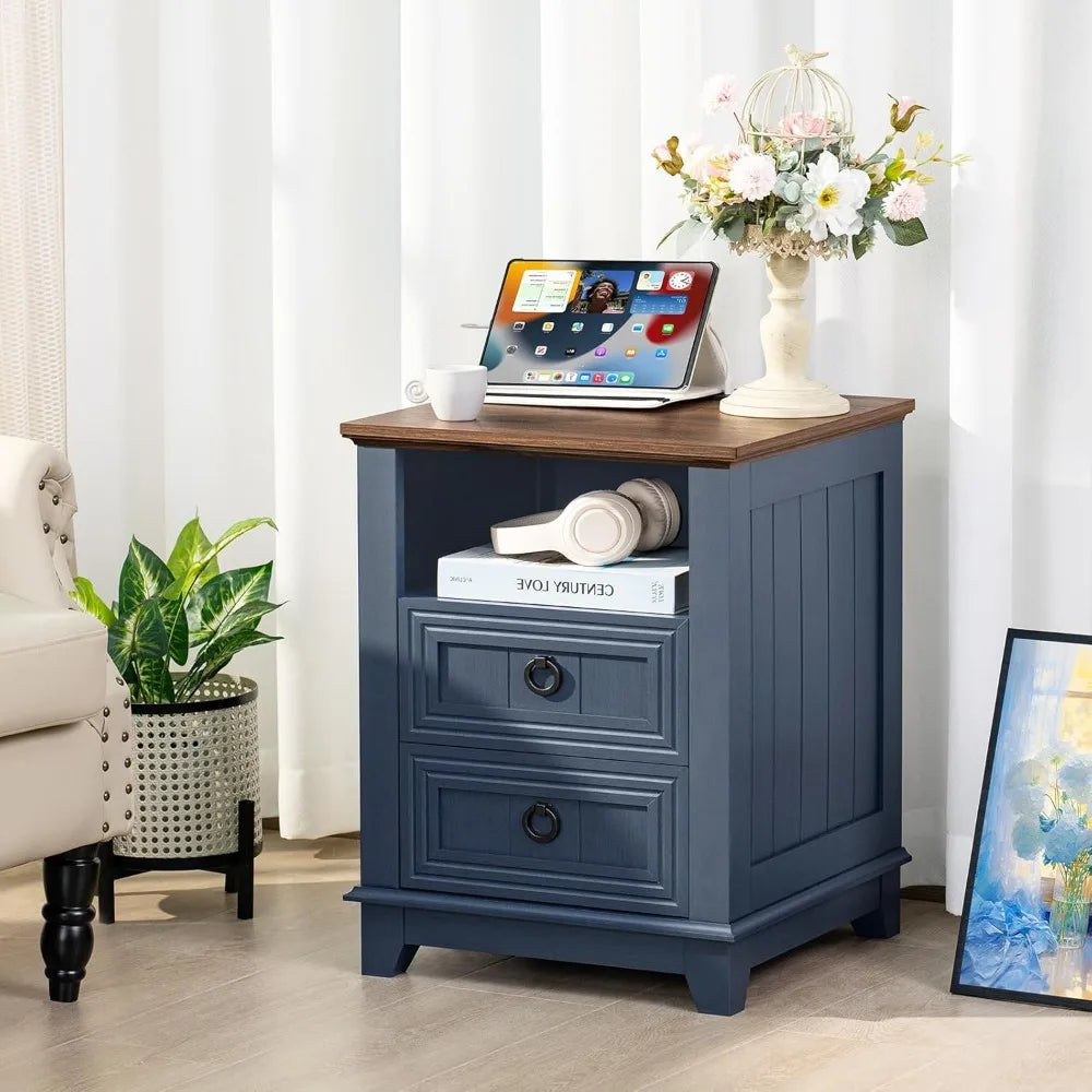 Farmhouse Night Stand with Charging Station, 2 Drawers Nightstand