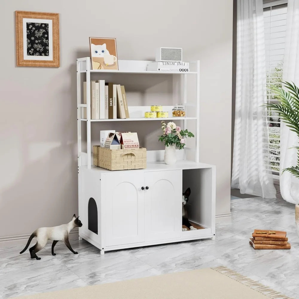 Litter Box Enclosure with 2 Storage Shelves for Cats