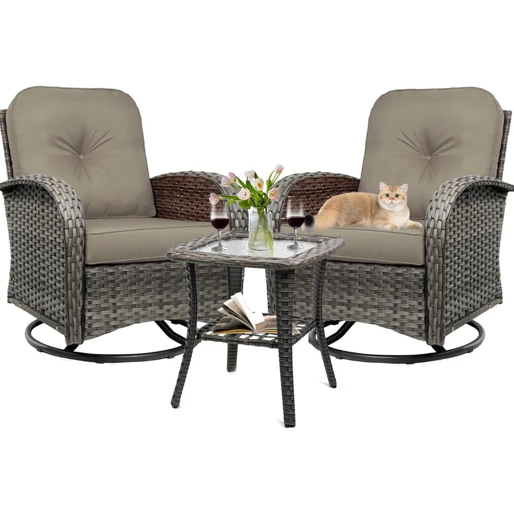 3-Piece Swivel Rocker Wicker Chair Set of 2 for Outdoor Use
