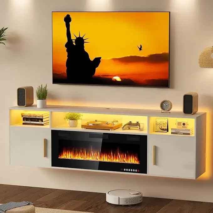 70" Floating TV Stand with 36" Electric Fireplace and LED Lights