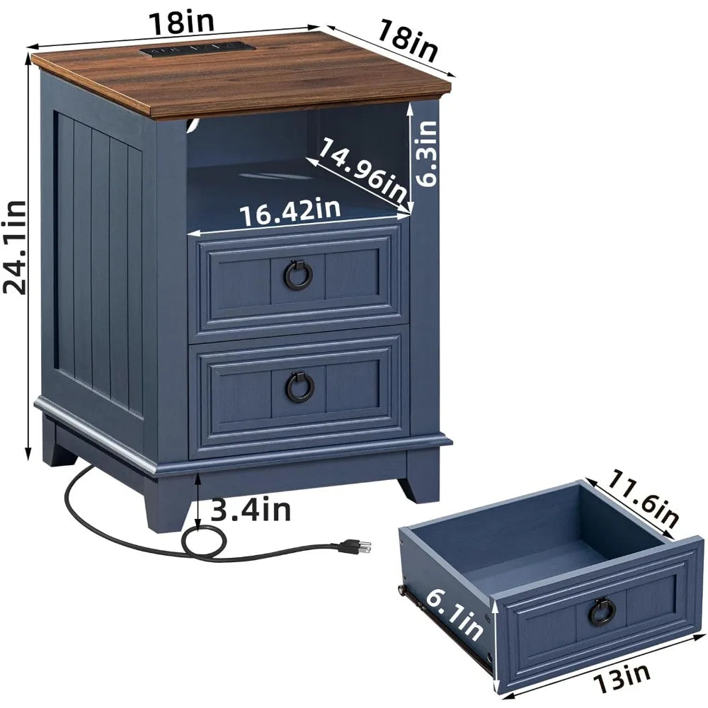 Farmhouse Night Stand with Charging Station, 2 Drawers Nightstand