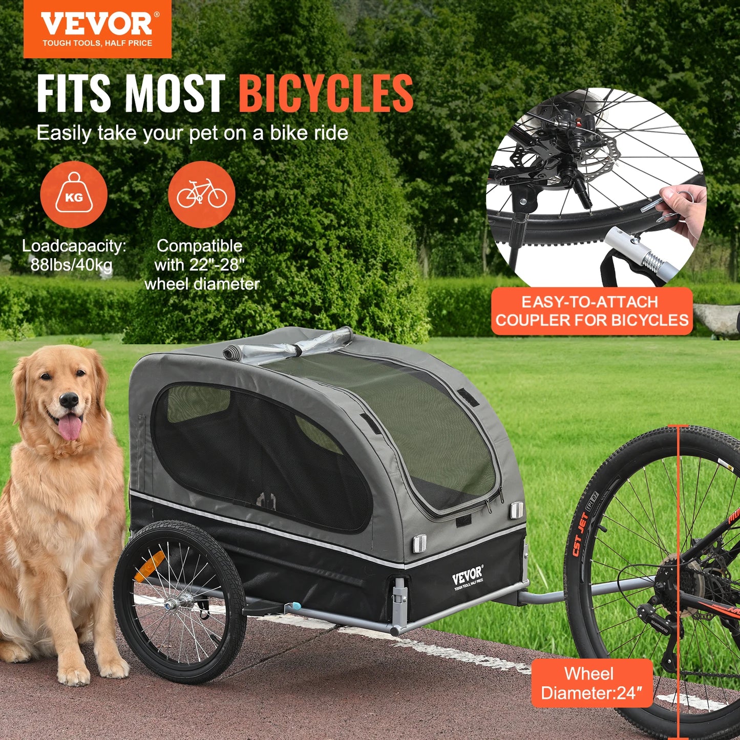 Dog Bike Trailer 88 Lbs Carrier Pet Cart Collapsible Storage