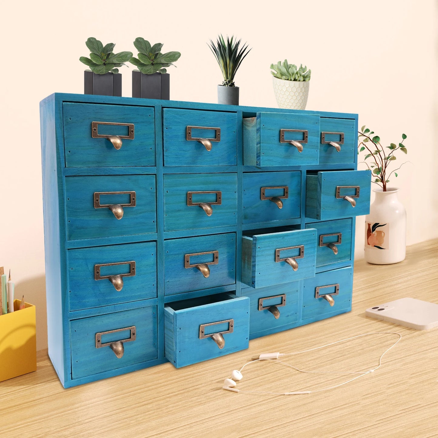 16 Drawers Apothecary Cabinet Chests Herb Storage Box Wooden Desk Organizer for Home Living Room Dresser Kitchen Office
