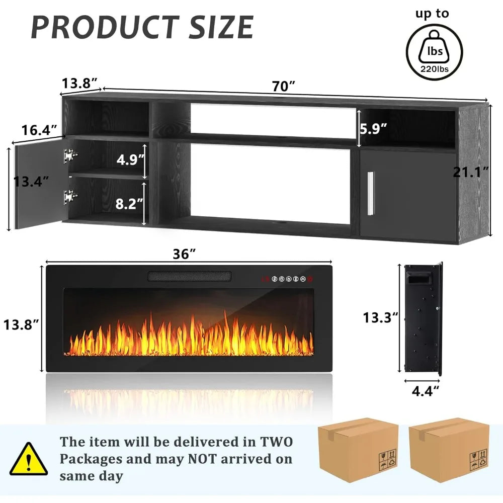 Floating Fireplace TV Stand with LED Lights Modern 70 Inch