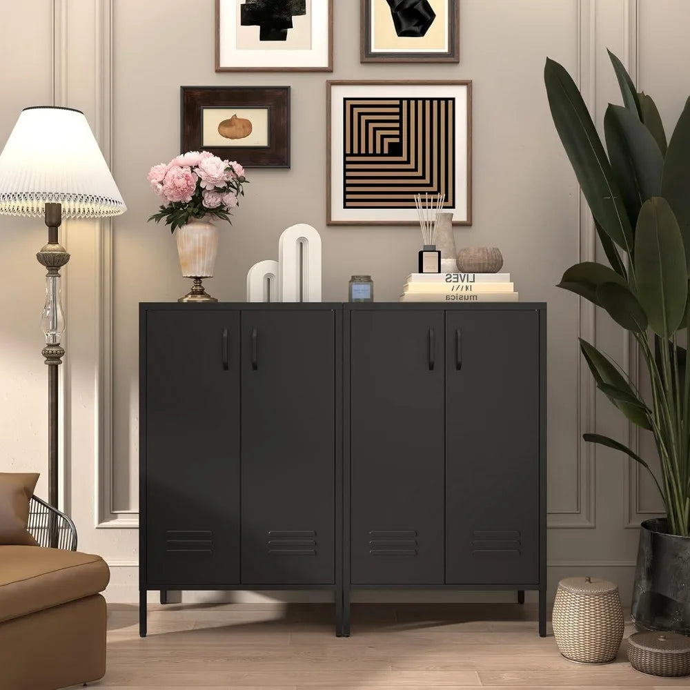 Metal Storage Cabinet Two Door Locker With Shelves Black