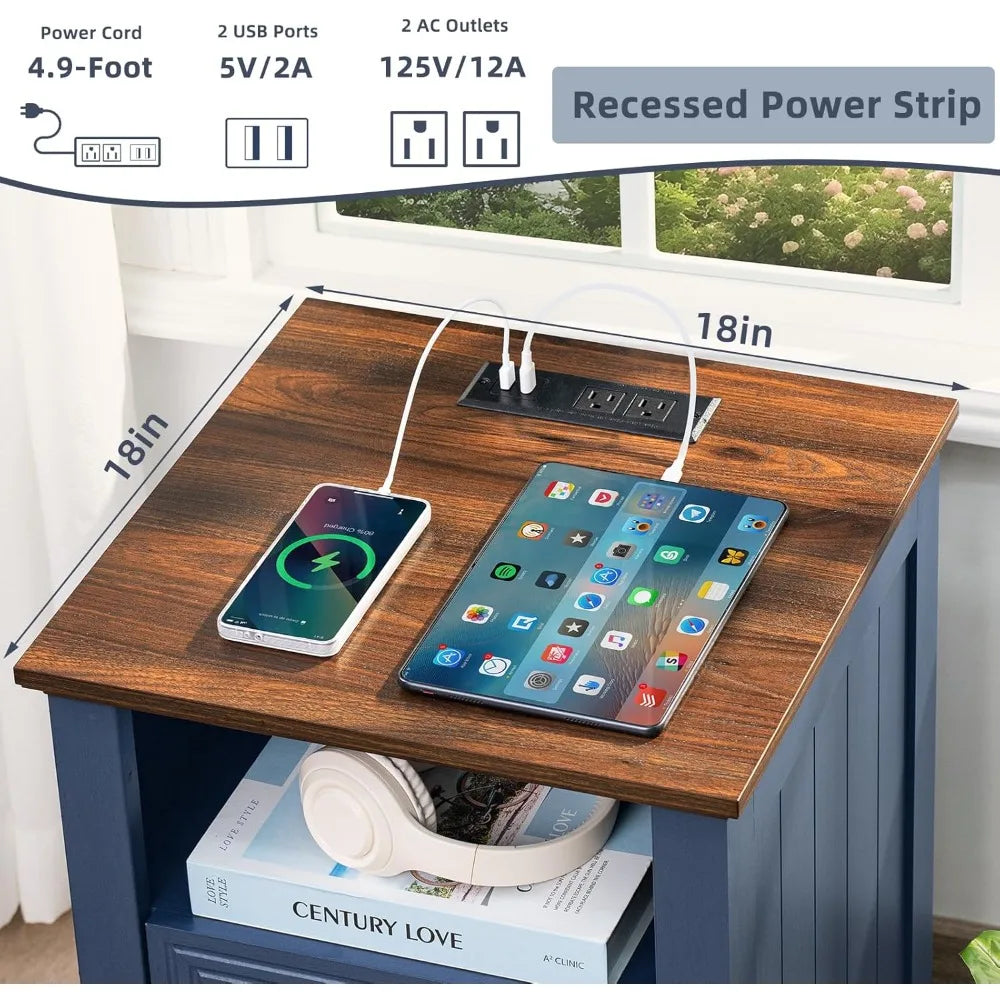 Farmhouse Night Stand with Charging Station, 2 Drawers Nightstand