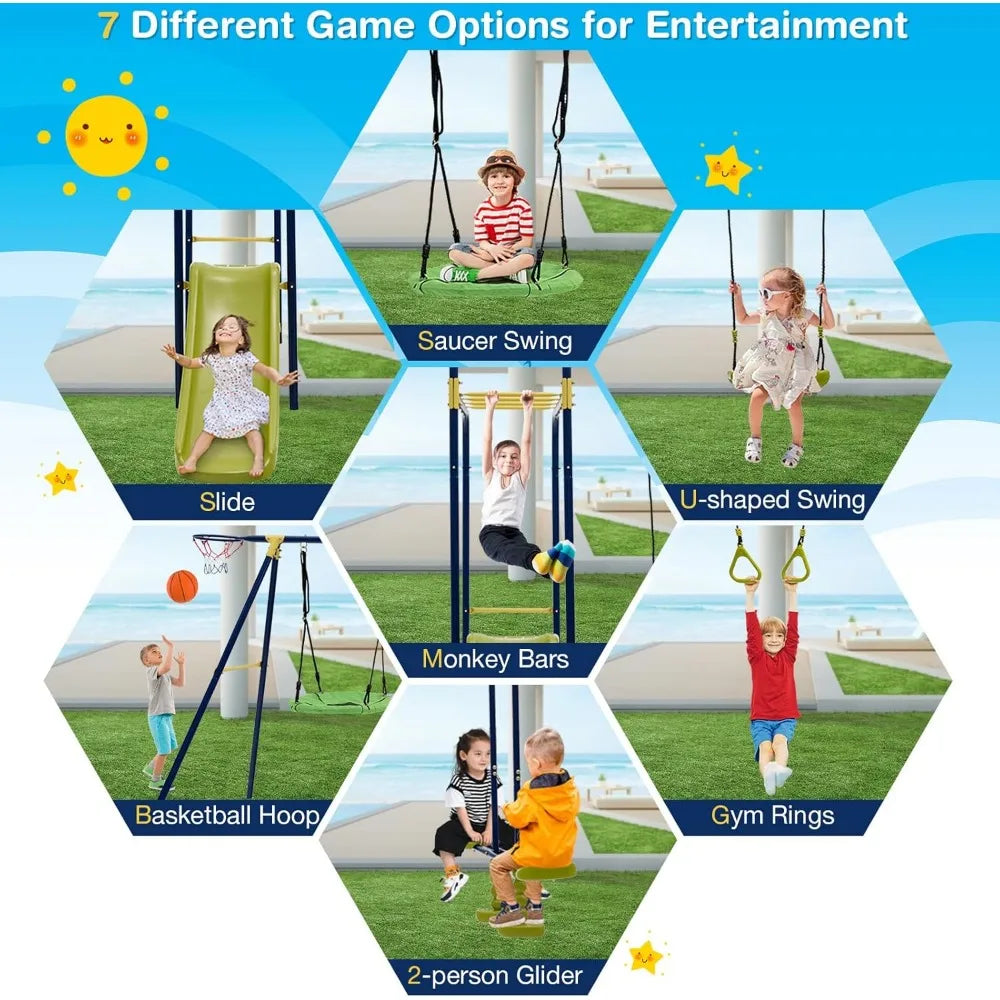 7-in-1 Swing Set w/ 2 Swings, Slide, Glider, Gym Rings
