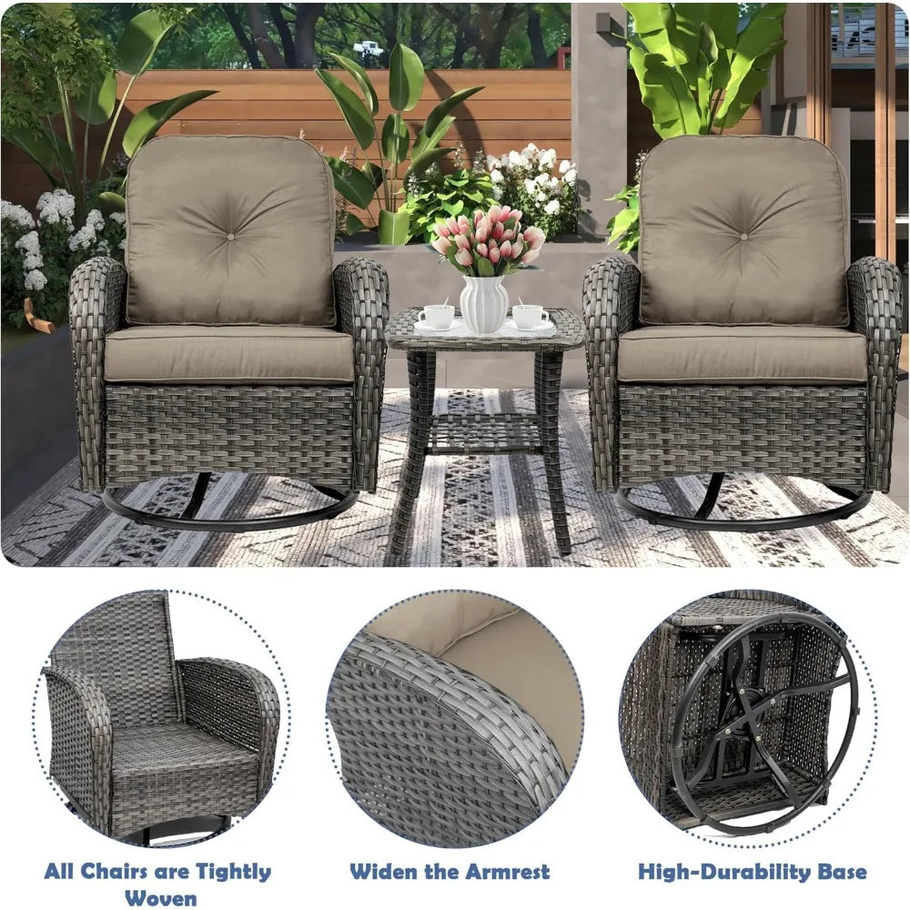 3-Piece Swivel Rocker Wicker Chair Set of 2 for Outdoor Use