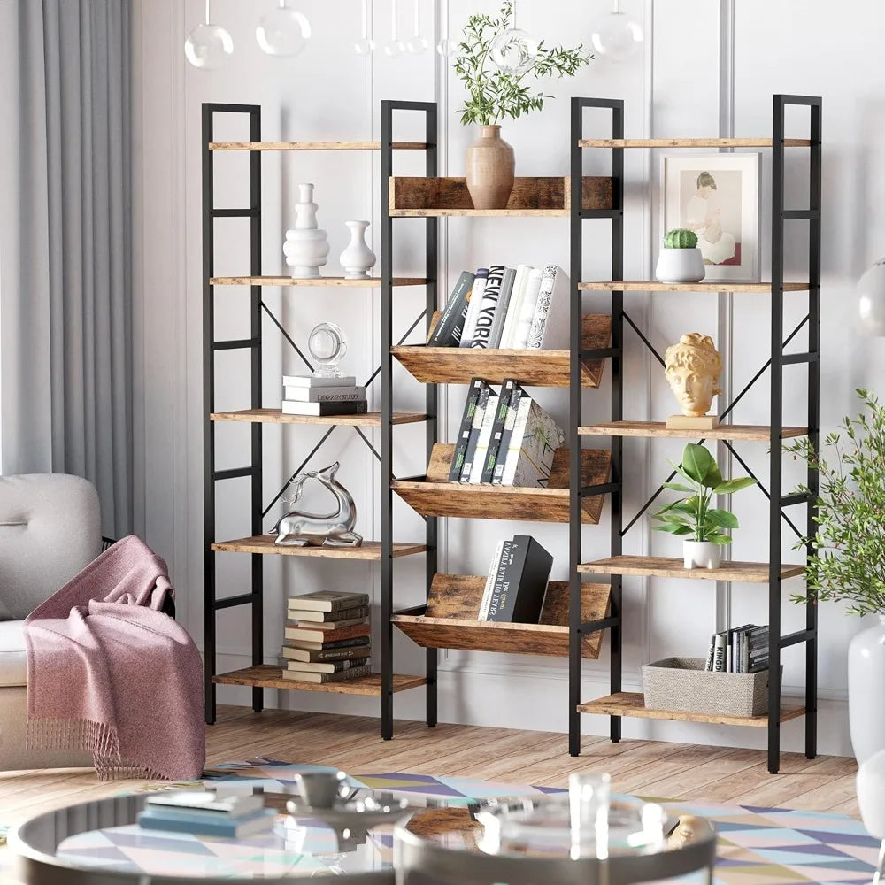 Triple-Wide Industrial Style 5-Shelf Bookcase for Large Display and Storage
