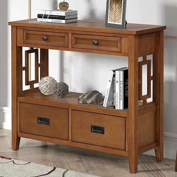 Farmhouse Entry Console Table Storage Drawers Open Shelf