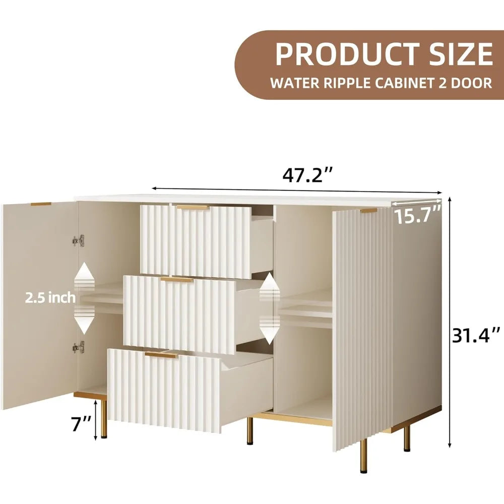 Fluted Sideboard Cabinet Elegant White Two Door 3 Drawers
