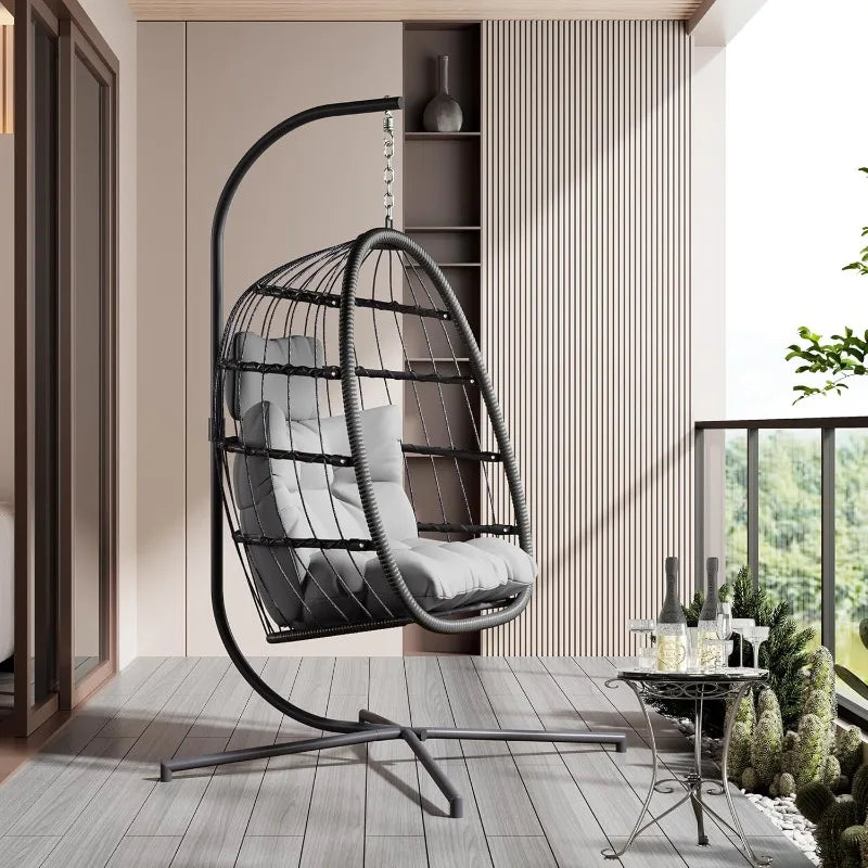Hanging Egg Chair With Stand Grey Cushioned Patio Wicker