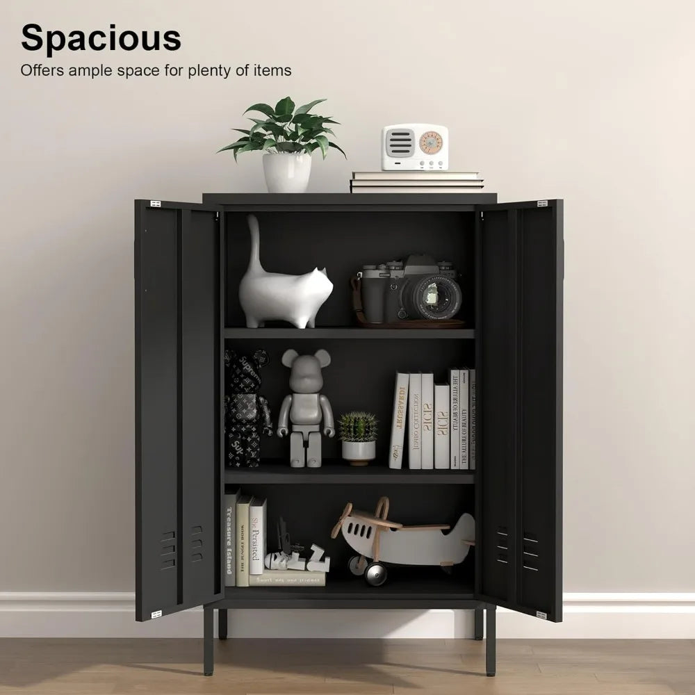 Metal Storage Cabinet Two Door Locker With Shelves Black