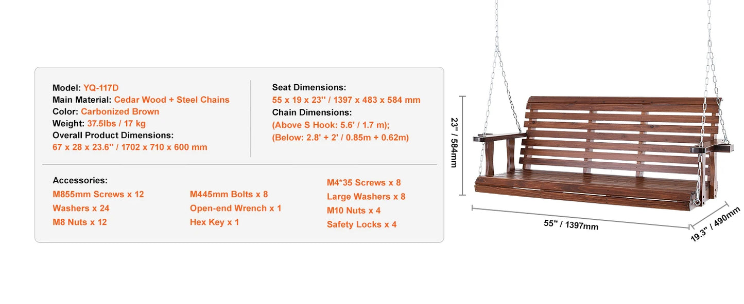 SucceBuy Cedar Wood Porch Swing 5 Ft Patio Bench 880 Lbs