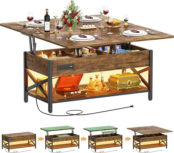 Coffee Table Lift Top Multi-Function Coffee Table Converts to Dining Table with LED Light and Power Outlet