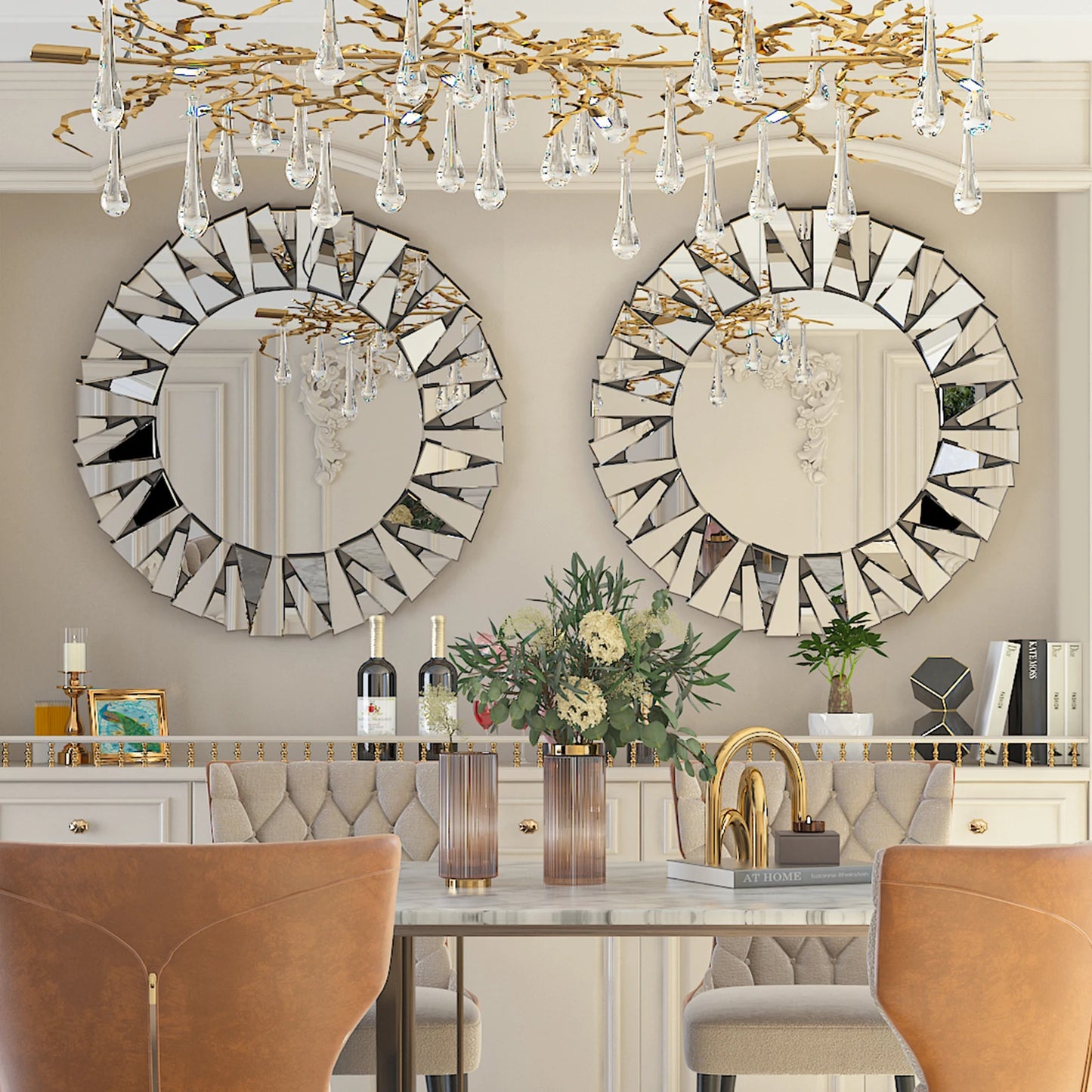 32 Inch Round Sunburst Wall Mirror Modern Silver Beveled