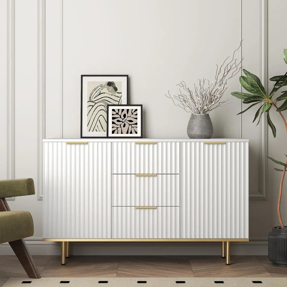 Fluted Sideboard Cabinet Elegant White Two Door 3 Drawers
