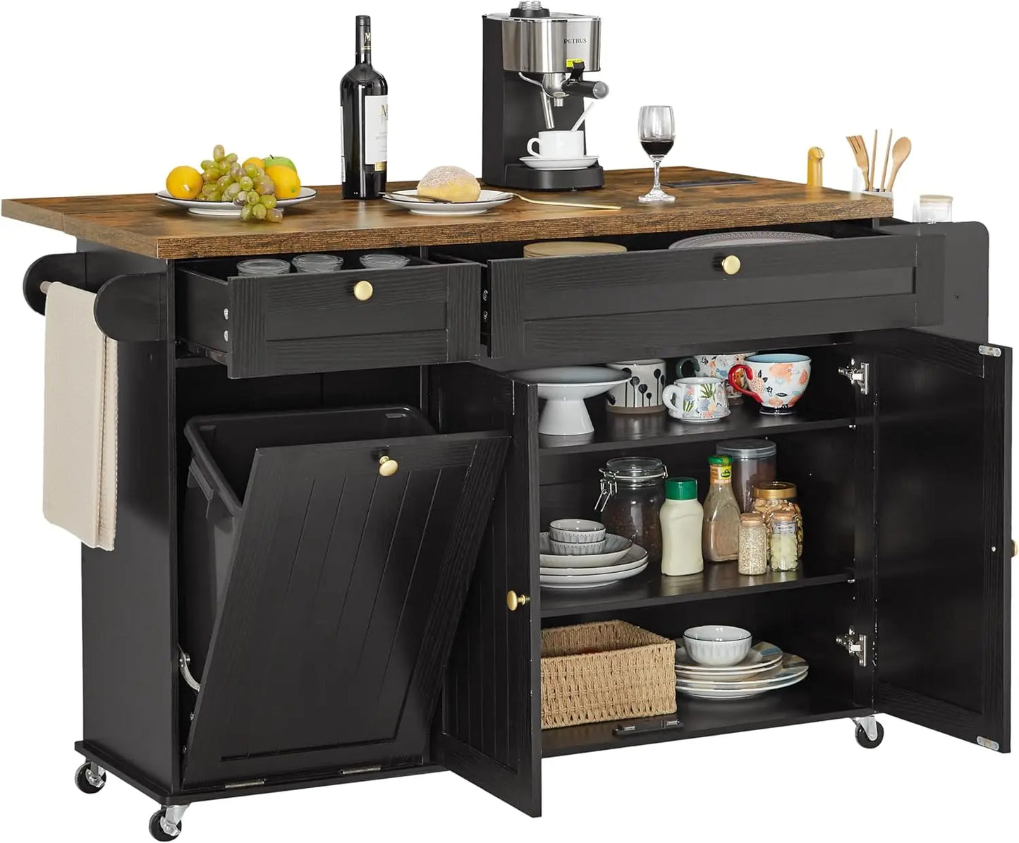 Mobile Kitchen Island With Power Outlet Drop Leaf Towel Rack