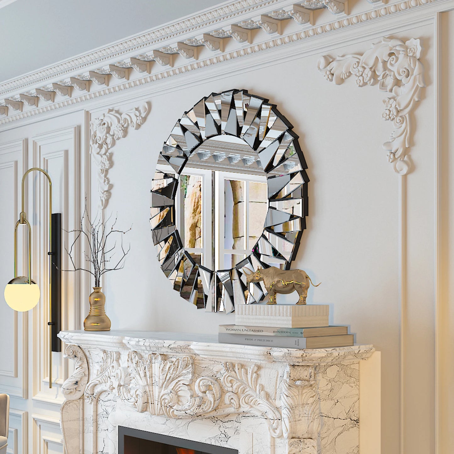 32 Inch Round Sunburst Wall Mirror Modern Silver Beveled