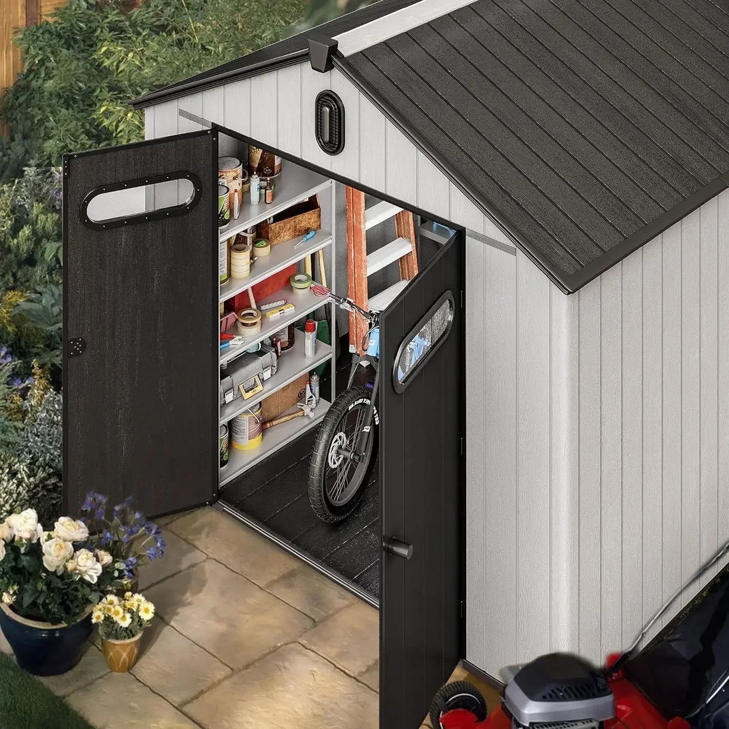 8x8ft Waterproof Resin Garden Shed with Door and Windows