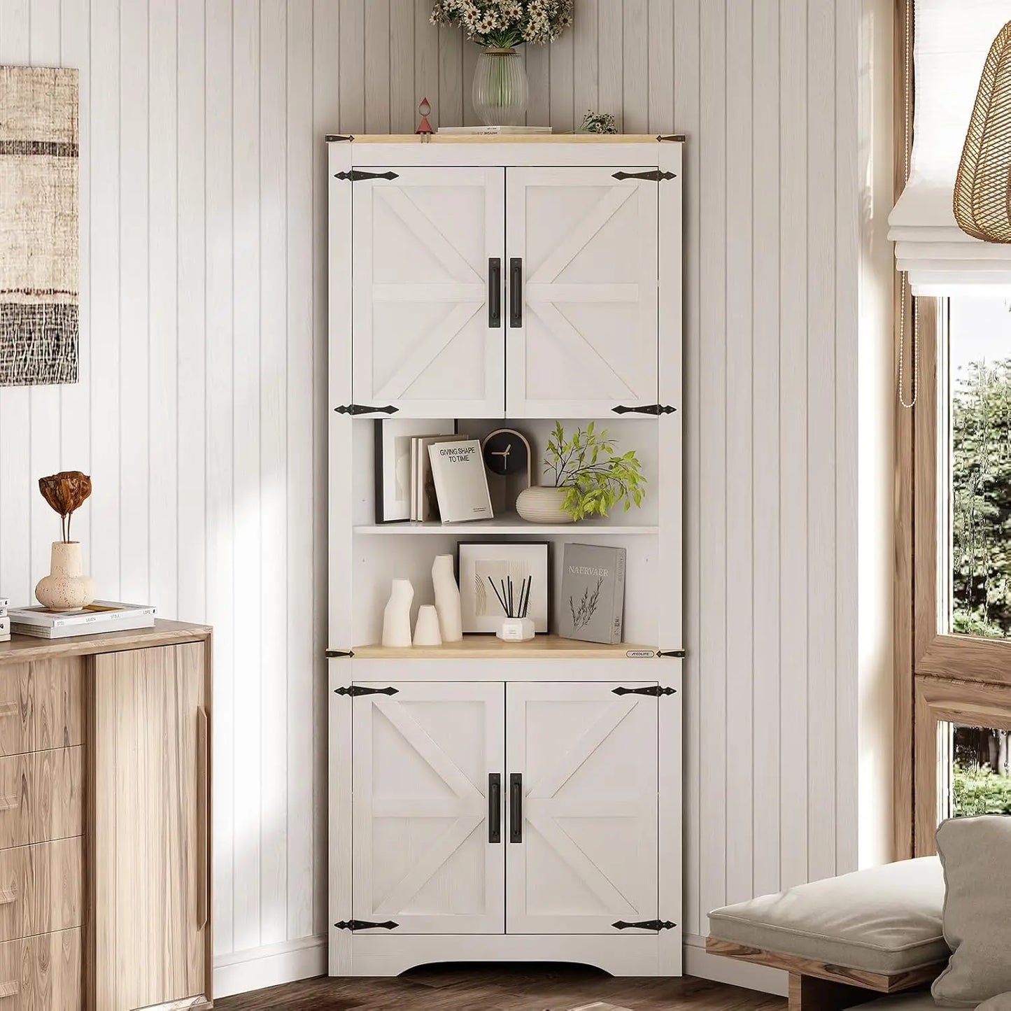 Redlife Farmhouse Corner Cabinet With Barn Door And Shelves