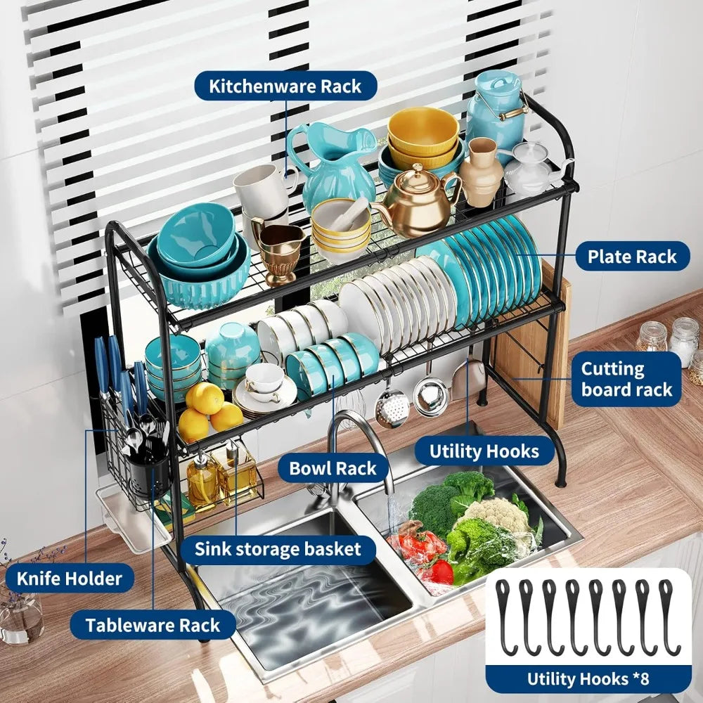 Stainless Steel 2 Tier Over The Sink Dish Drainer Drying Rack with Utensil Holder Large Dish Organizer for Kitchen Counter