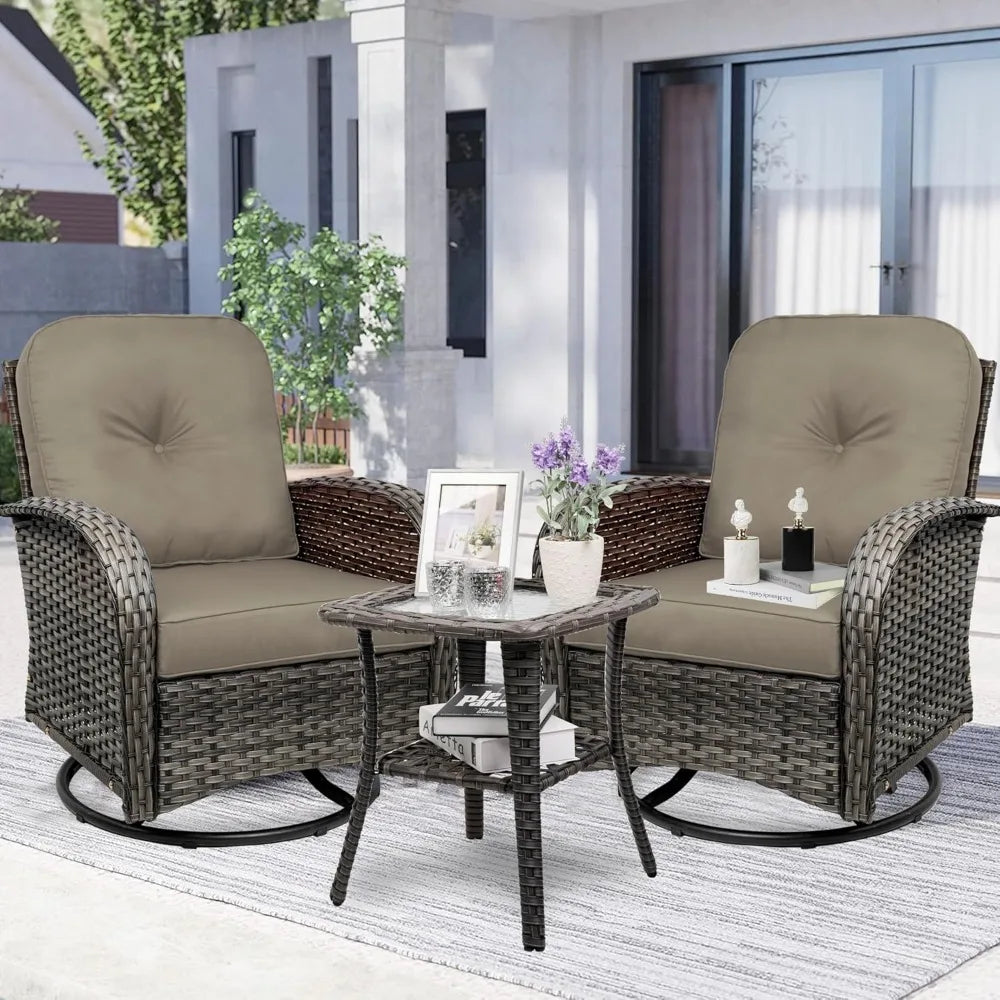 3-Piece Swivel Rocker Wicker Chair Set of 2 for Outdoor Use