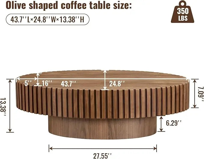 Oval Drum Coffee Table Handcrafted Wooden Olive-Shaped Walnut