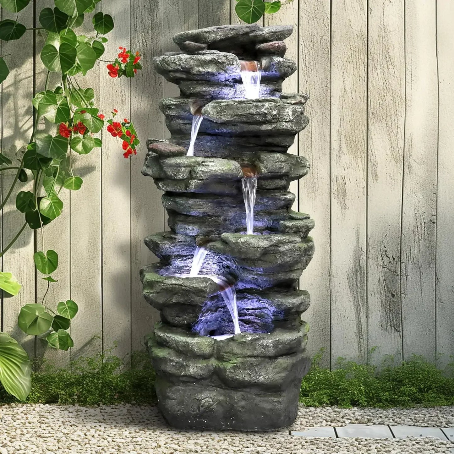 40 Inch 6 Tier Cascading Rock Outdoor Water Fountain Led