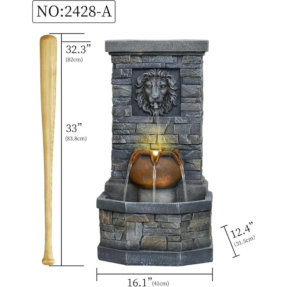 Outdoor Lion Head Stone Water Fountain With Lights Patio