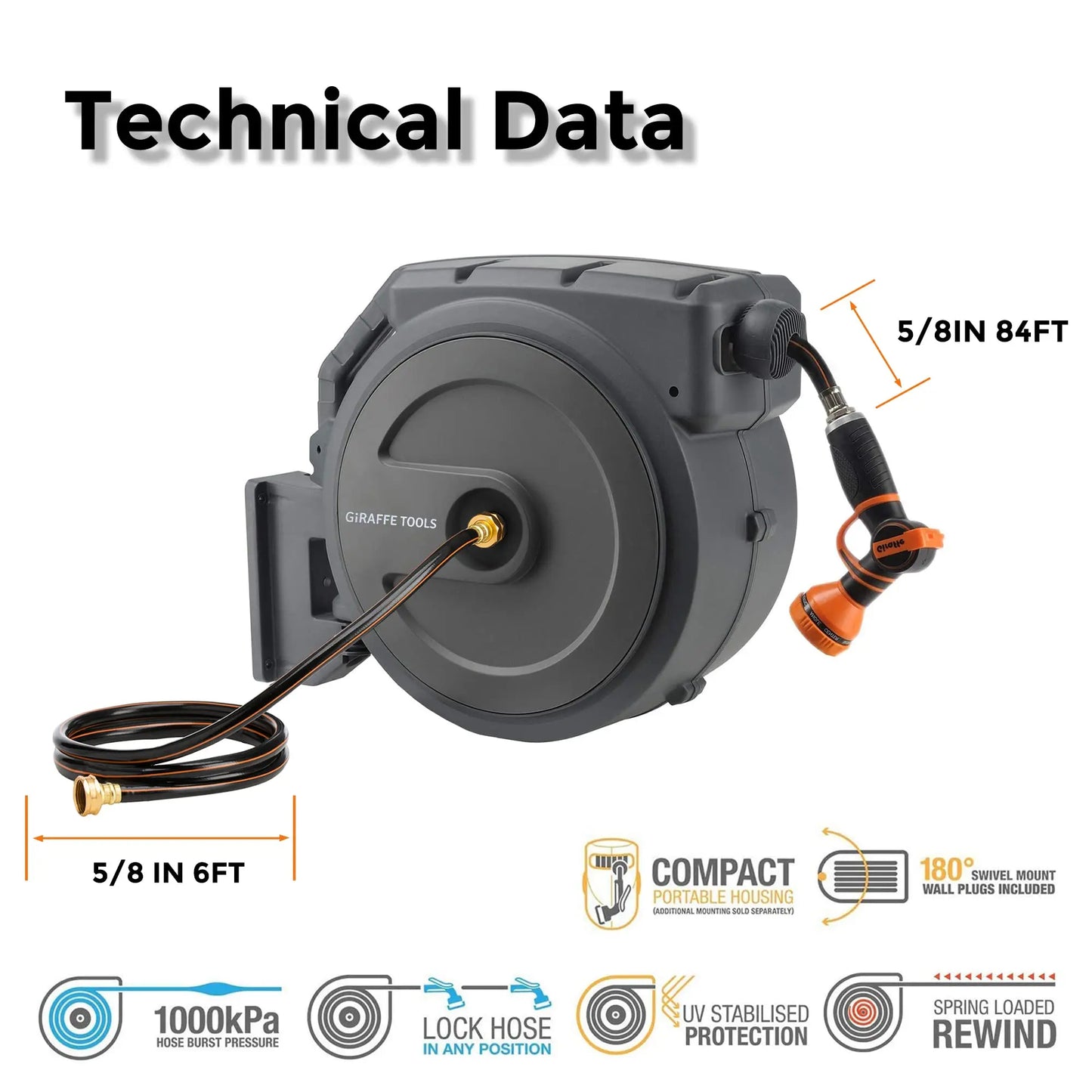 Giraffe Tools AW40 Retractable Hose Reel 90 Ft Wall Mounted