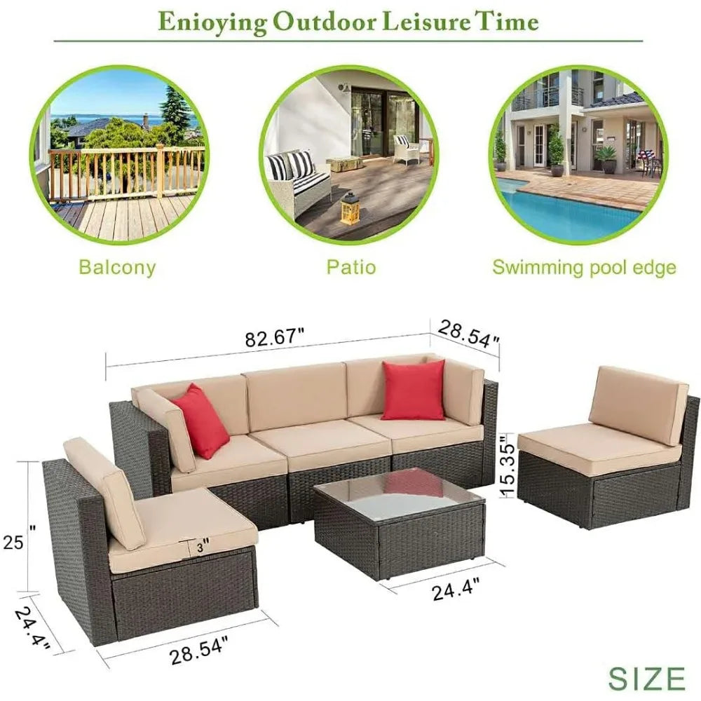 6 Piece Small Patio Furniture Sets with Glass Table and Cushions