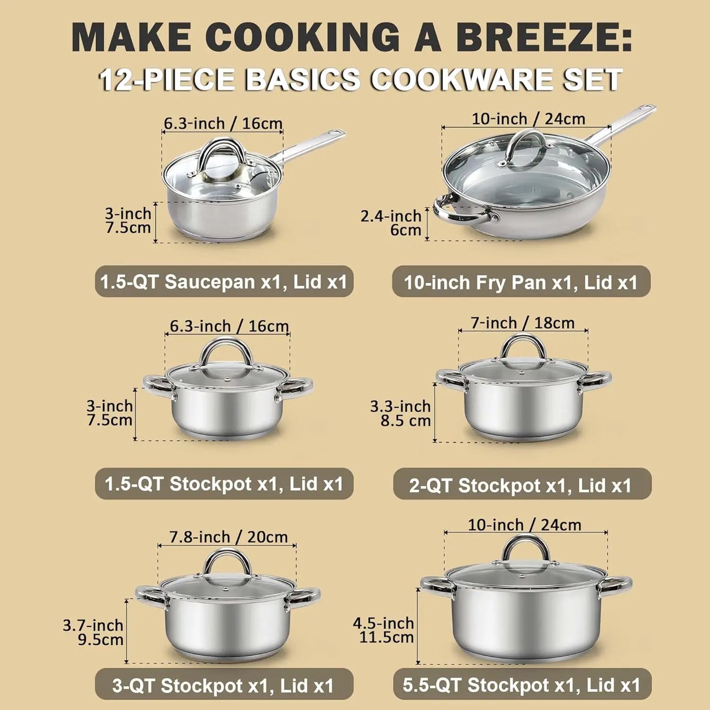 Cook N Home Kitchen Cookware Sets, 12-Piece Stainless Steel