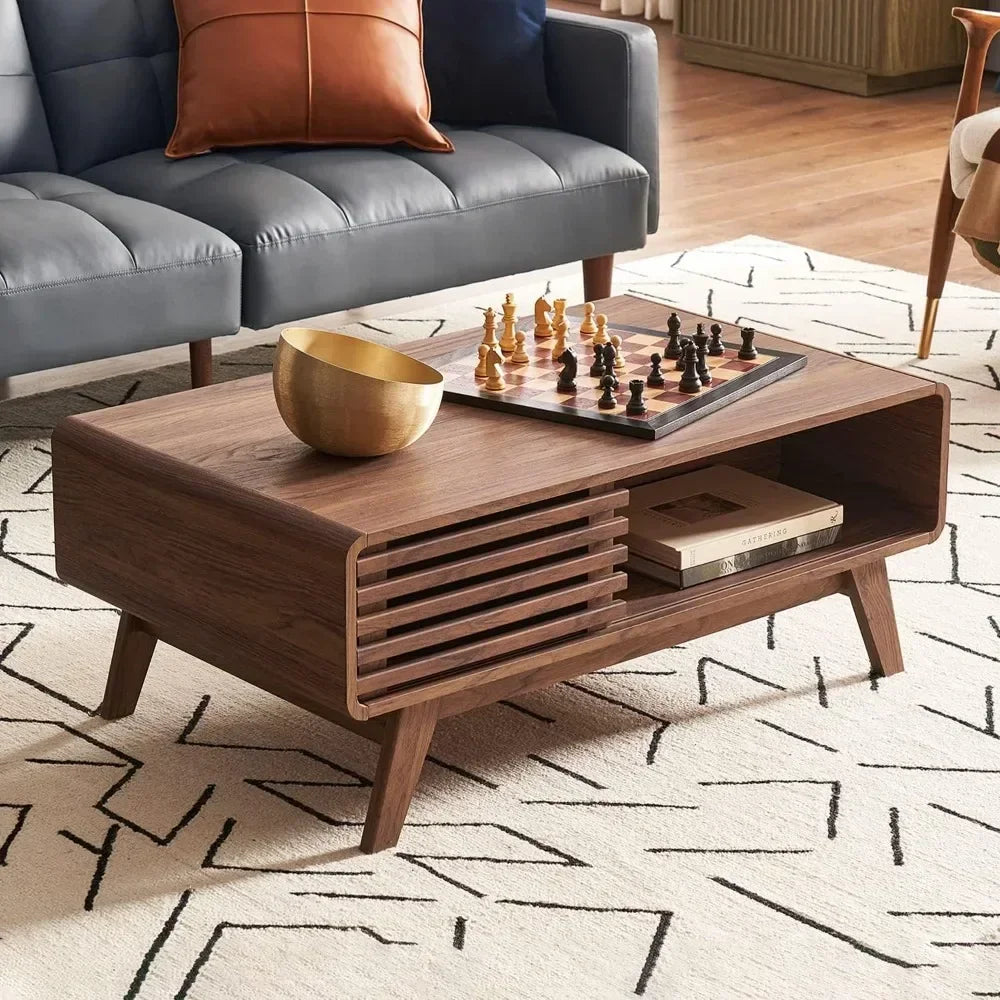 Mid Century Modern Coffee Table with Storage Fluted Design