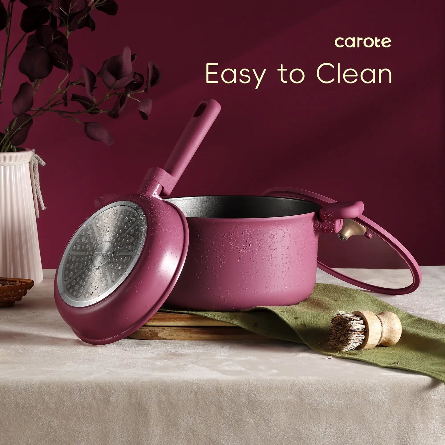 Kitchen Cookware Sets, Nonstick Pots and Pans Set, 17 Pcs, Rose Pink
