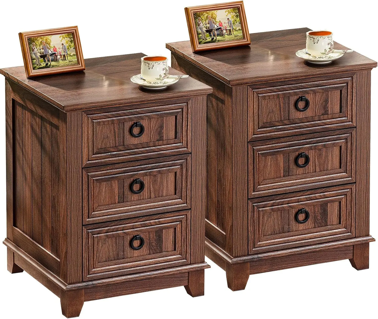 Farmhouse Night Stand with Charging Station, 2 Drawers Nightstand