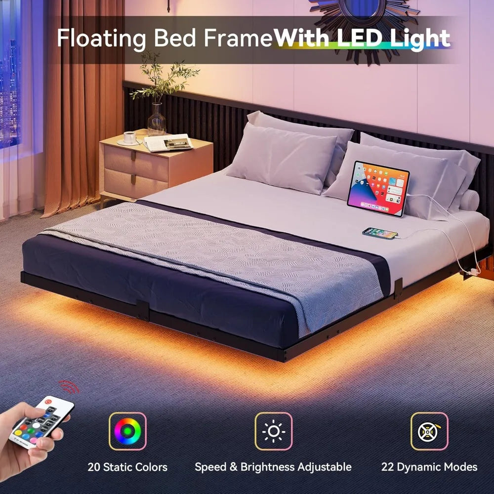 Floating Bed Frame Queen Size with LED Charging Station
