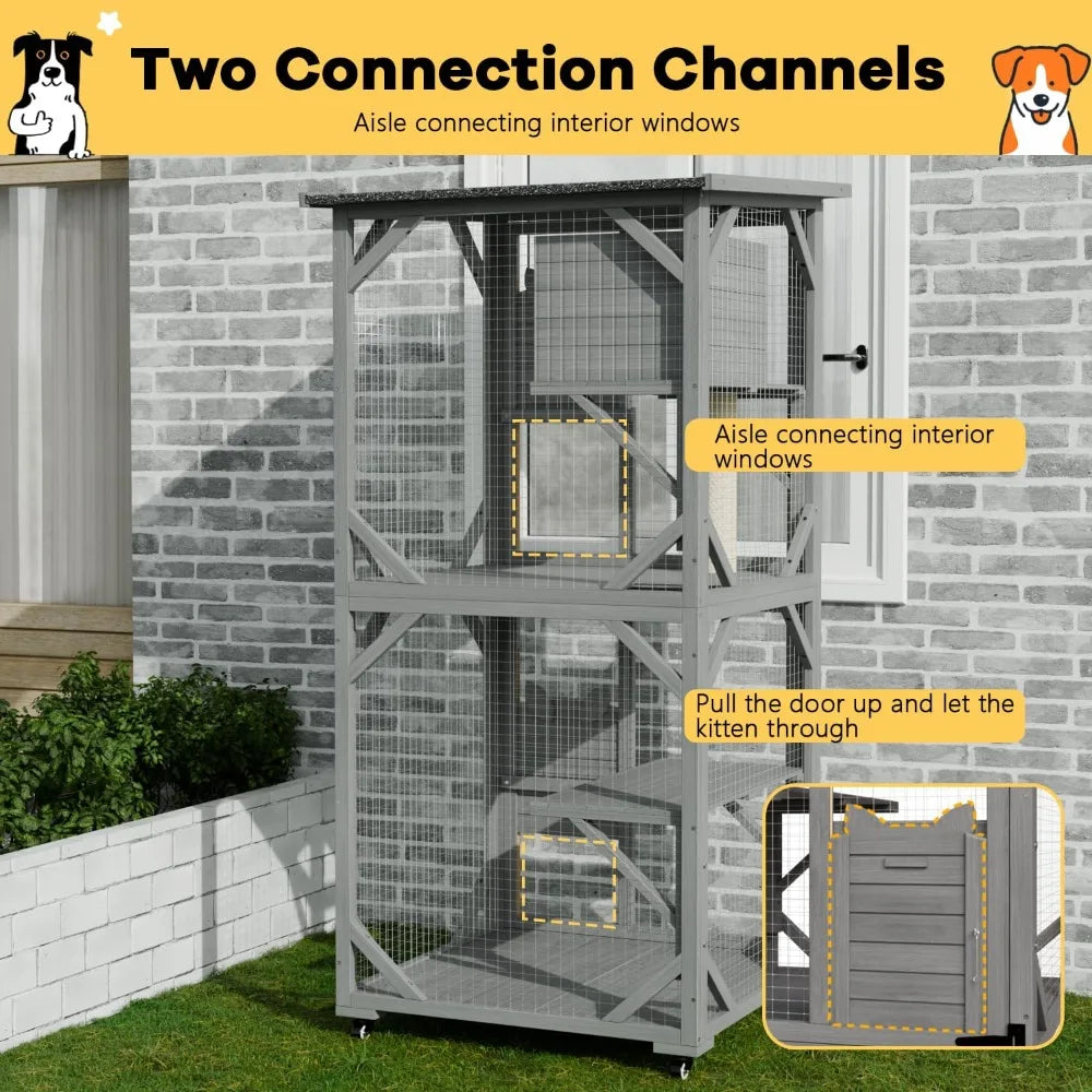 Outdoor Catio Enclosure With Waterproof Roof And Wheels