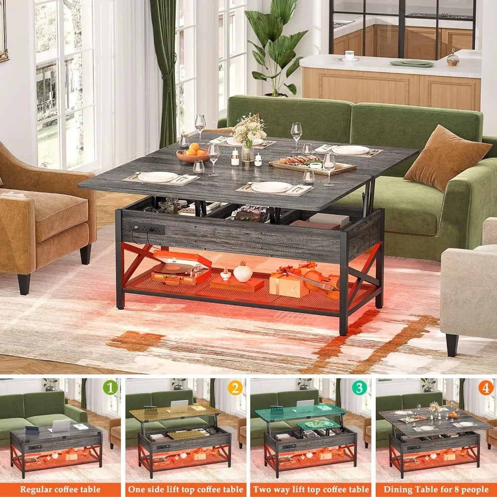 Coffee Table Lift Top Multi-Function Coffee Table Converts to Dining Table with LED Light and Power Outlet