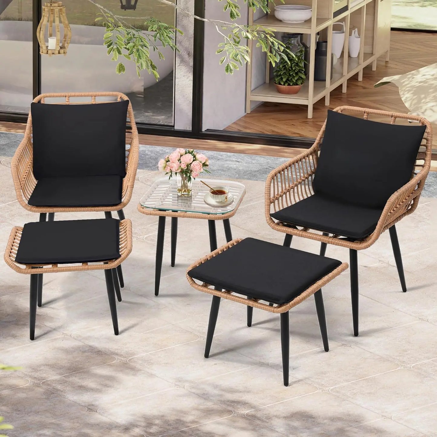 5 Piece Wicker Bistro Patio Set 2 Chairs 2 Ottomans Natural