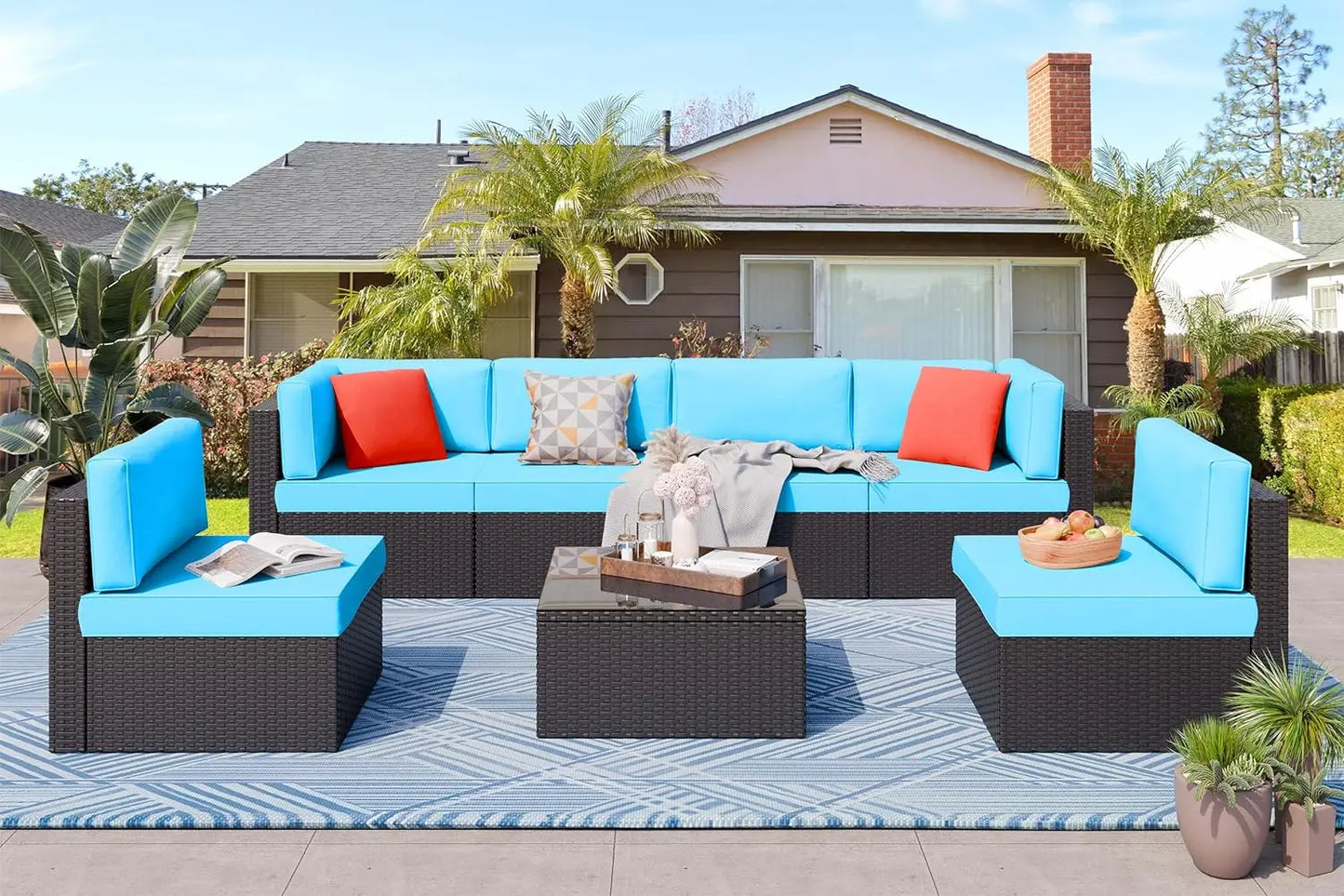 6 Piece Small Patio Furniture Sets with Glass Table and Cushions