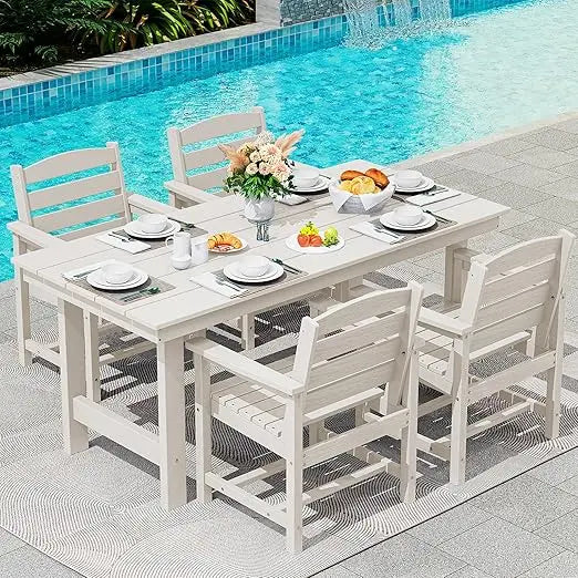 Patio Table Set, Outdoor HDPE Dining Furniture with Umbrella Hole, 5-Piece Dining Chair Set