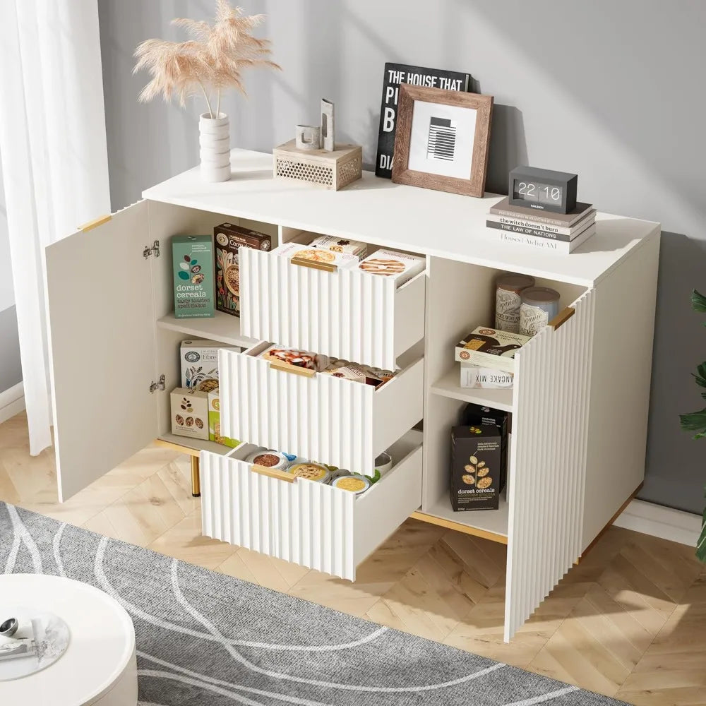 Fluted Sideboard Cabinet Elegant White Two Door 3 Drawers