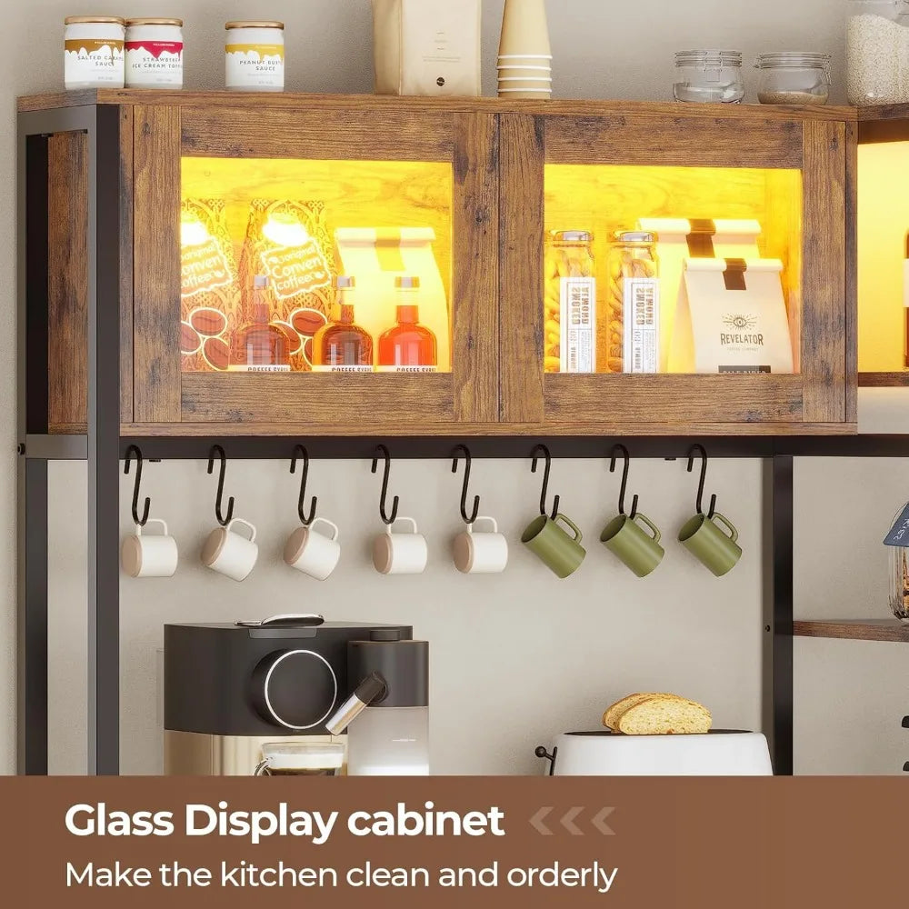 Bakers Rack with Power Outlet and LED Light, 45.3 Inch Farmhouse Coffee Bar Cabinet, Kitchen Microwave Stand with Storage