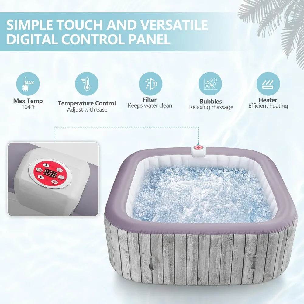 73 Inch Square Inflatable Hot Tub for 4-6 People Outdoors