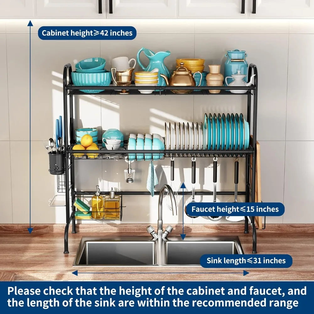Stainless Steel 2 Tier Over The Sink Dish Drainer Drying Rack with Utensil Holder Large Dish Organizer for Kitchen Counter