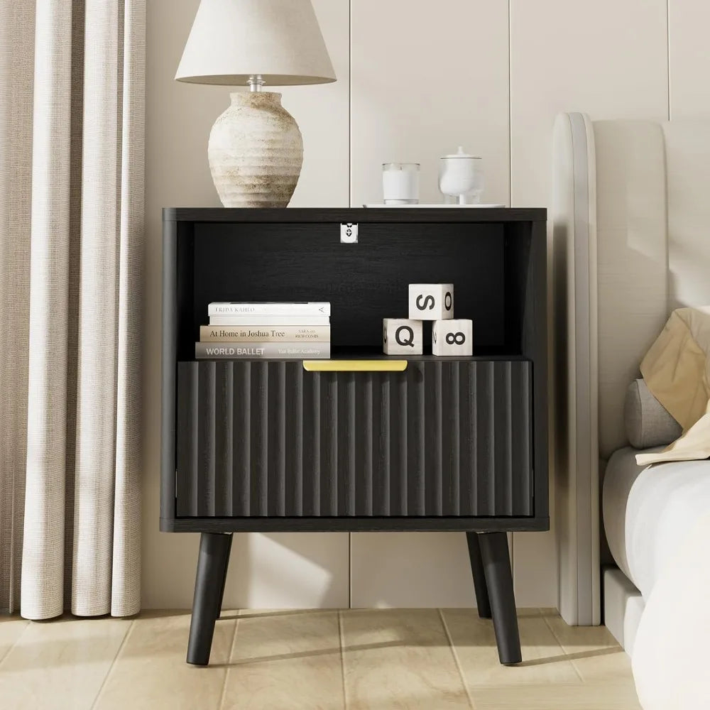 Modern Fluted Nightstand With Drawer And Open Shelves
