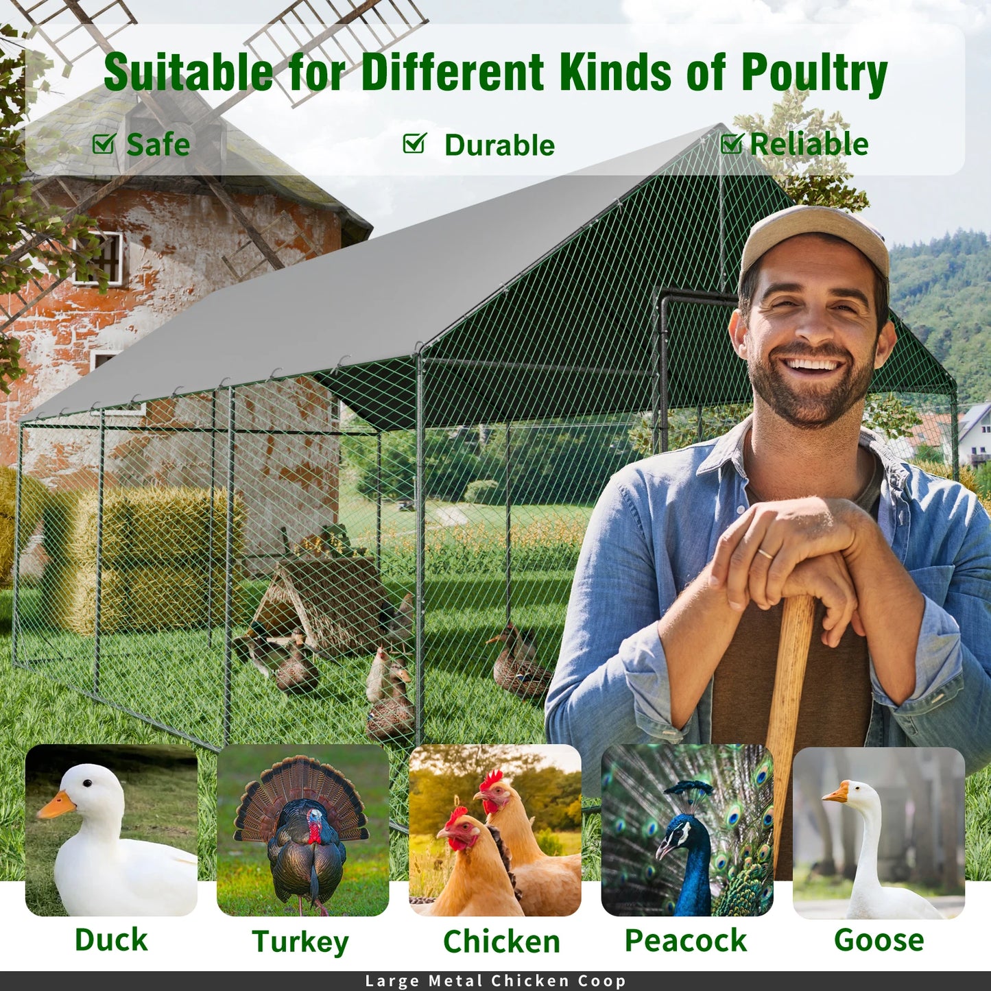 L XL XXL Upgraded Heavy Duty Metal Chicken Coop w/ Cover and Nylon Netting Pet Animal Poultry Run Hen House for Outdoor Backyard